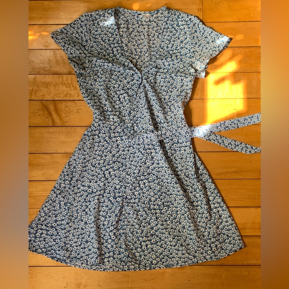 Ditsy Floral Blue Mini Wrap Dress Labeled a